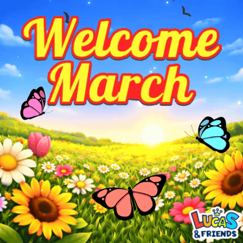 An Advertisement For Lucas & Friends Shows A Field Of Flowers And Butterflies GIF