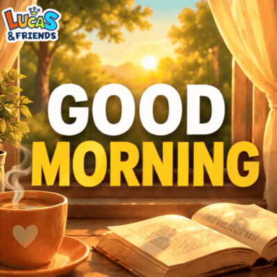 An Advertisement For Lucas & Friends With A Cup Of Coffee And A Book GIF