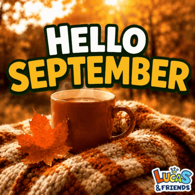 An Advertisement For Lucas & Friends With A Cup Of Coffee And Leaves GIF