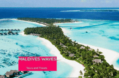An Advertisement For Maldives Waves Shows An Aerial View Of A Tropical Island GIF