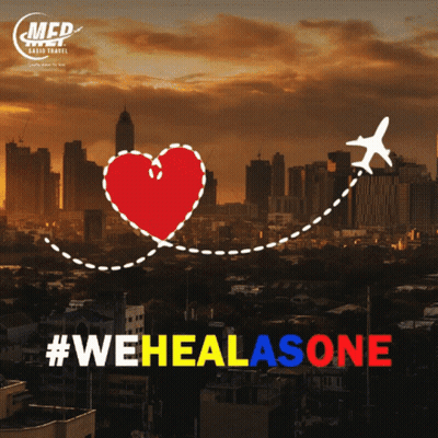 An Advertisement For Med Cargo Travel Shows A City Skyline And A Heart GIF
