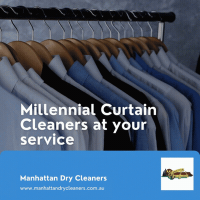 An Advertisement For Millennial Curtain Cleaners Shows A Row Of Shirts Hanging On A Rack GIF