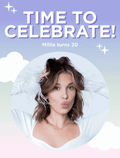 An Advertisement For Millie Turns 20 With A Picture Of Her GIF