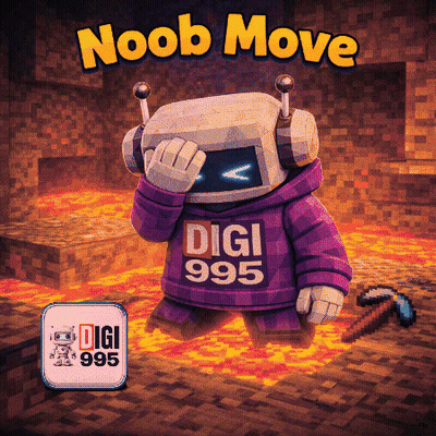 An Advertisement For Noob Move With A Robot Wearing A Purple Digi 995 Hoodie GIF