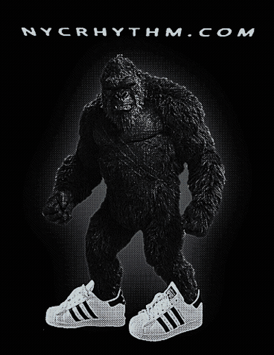 An Advertisement For Nycrhythm.com Features A Gorilla Wearing Adidas Shoes GIF