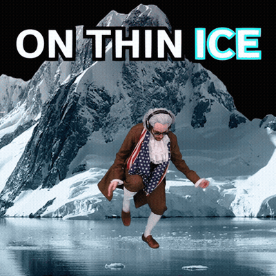 An Advertisement For On Thin Ice Shows A Man In A Suit Jumping Over Ice GIF