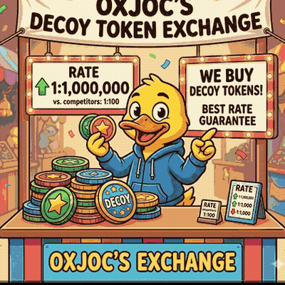 An Advertisement For Ox Joc 'S Decoy Token Exchange Shows A Duck Holding A Coin GIF