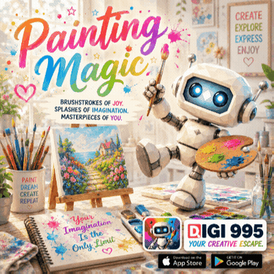 An Advertisement For Painting Magic With A Robot Holding A Palette GIF