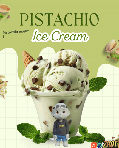 An Advertisement For Pistachio Ice Cream Shows A Figurine GIF