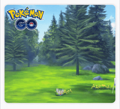 An Advertisement For Pokemon Go Shows A Grassy Field With Trees In The Background GIF