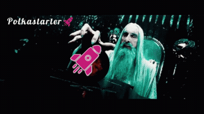 An Advertisement For Polkastarter Shows A Wizard With A Rocket In His Hand GIF