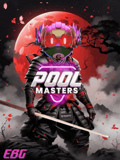 An Advertisement For Pool Masters Shows A Samurai Holding A Sword GIF