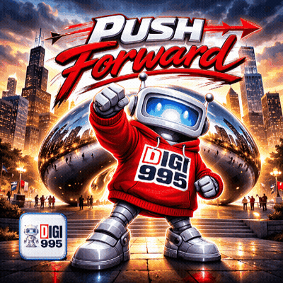 An Advertisement For Push Forward With A Robot Wearing A Digi 995 Hoodie GIF