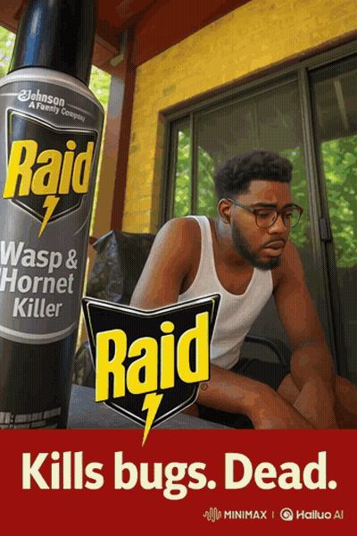 An Advertisement For Raid Wasp And Hornet Killer Shows A Man Sitting On A Chair GIF
