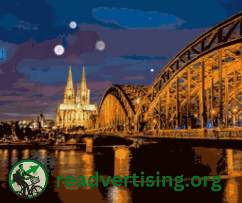 An Advertisement For Readvertising.org Shows A Bridge Over A River At Night GIF