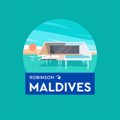 An Advertisement For Robinson Maldives Shows A House On The Water GIF