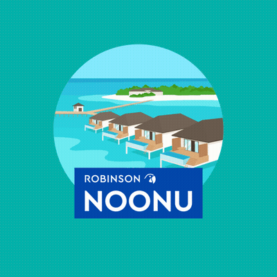 An Advertisement For Robinson Noonu Shows A Row Of Houses Floating In The Water GIF