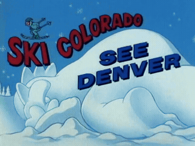 An Advertisement For Ski Colorado See Denver With A Cartoon Of A Man Skiing GIF