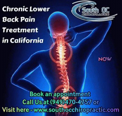 An Advertisement For South Oc Chiropractic Shows A Man With Chronic Back Pain GIF