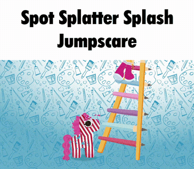 An Advertisement For Spot Splatter Splash Jumpscare Shows A Zebra Standing On A Ladder GIF