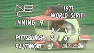 An Advertisement For The 1971 World Series Shows A Baseball Player In A Golf Cart GIF