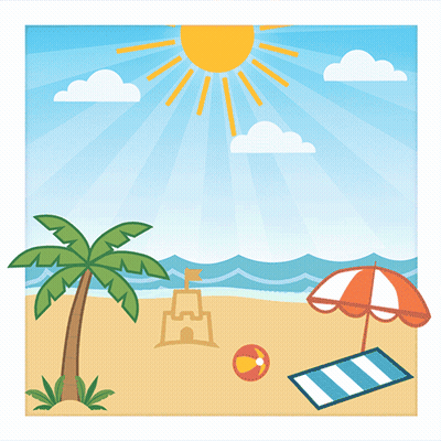 An Advertisement For The First Day Of Summer With A Beach Scene GIF