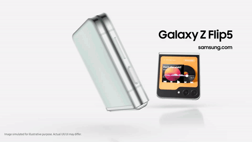An Advertisement For The Galaxy Z Flip5 Shows A Picture Of A Woman GIF
