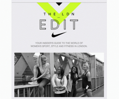 An Advertisement For The London Edit Shows Four Women Sitting On A Bridge GIF