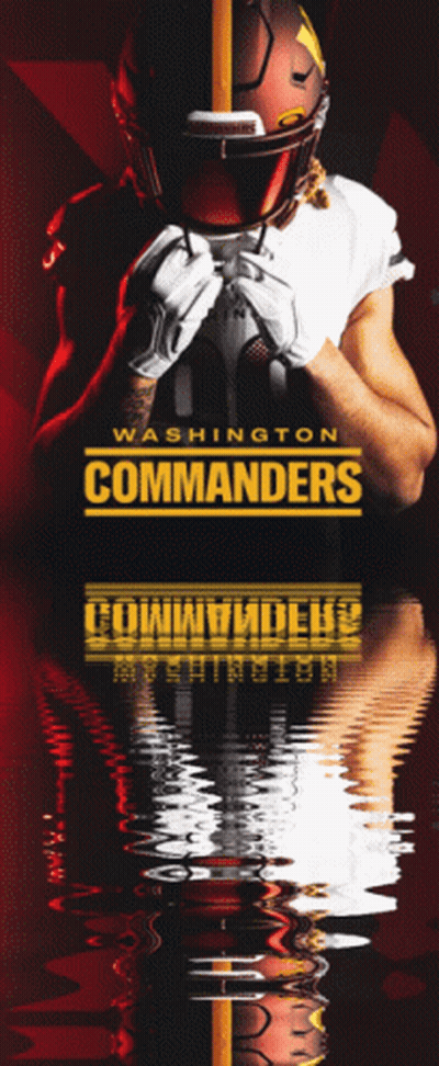 An Advertisement For The Washington Commanders Shows A Football Player Holding A Ball GIF