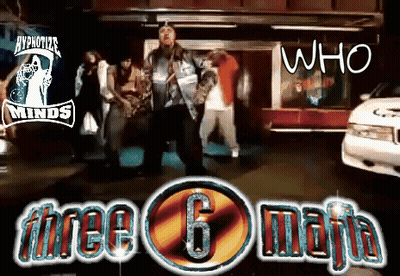 An Advertisement For Three 6 Mafia Shows A Group Of People Dancing In Front Of A Store GIF