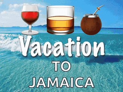 An Advertisement For Vacation To Jamaica Shows A Glass Of Whiskey A Coconut And A Glass Of Wine GIF