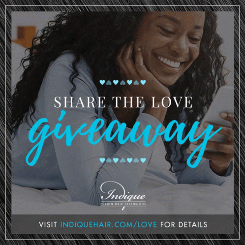 An Advertisement For Virgin Hair Extensions With A Woman Smiling And The Words Share The Love Giveaway GIF