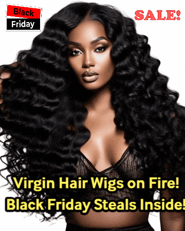An Advertisement For Virgin Hair Wigs On Sale On Black Friday GIF