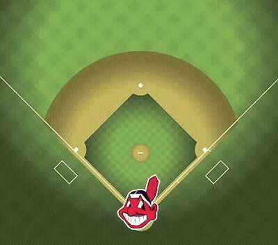 An Aerial View Of A Baseball Field With The Cleveland Indians Logo On The Outfield Wall . GIF