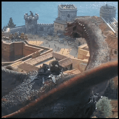 An Aerial View Of A Castle With A Dragon In The Background GIF