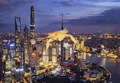 An Aerial View Of A City At Night With A Crab Flying Over It GIF