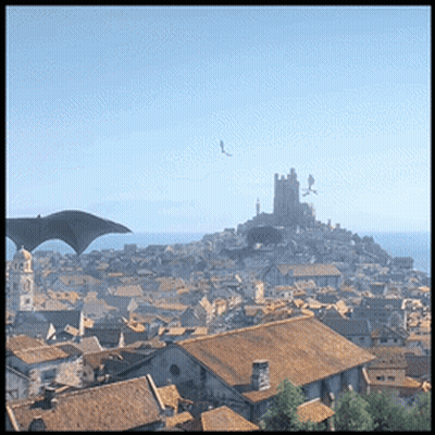 An Aerial View Of A City With A Dragon Flying Overhead GIF