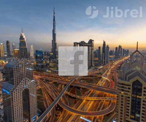 An Aerial View Of A City With A Facebook Logo GIF