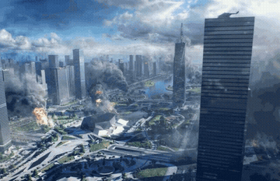 An Aerial View Of A City With Smoke Coming Out Of The Skyscrapers GIF