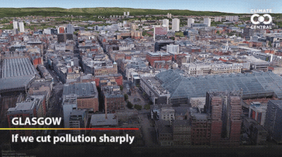An Aerial View Of A City With The Words Glasgow If We Cut Pollution Sharply On The Bottom GIF