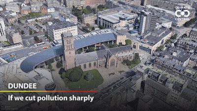 An Aerial View Of A City With The Words " If We Cut Pollution Sharply " Below It GIF