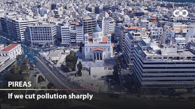 An Aerial View Of A City With The Words " If We Cut Pollution Sharply " Below It GIF