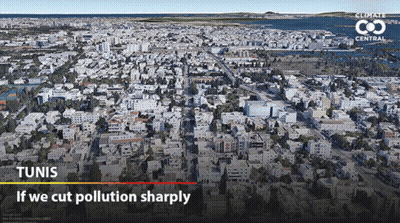 An Aerial View Of A City With The Words " If We Cut Pollution Sharply " Below It GIF