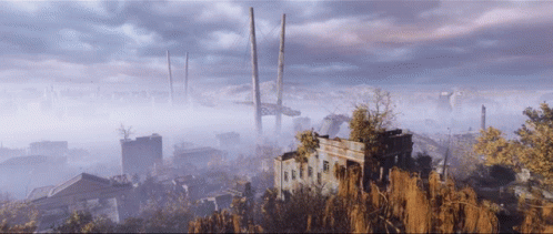 An Aerial View Of A Destroyed City With A Bridge In The Background GIF