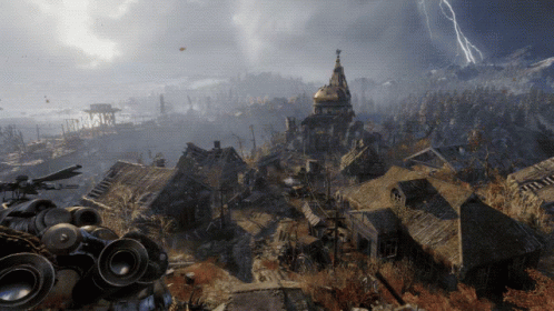 An Aerial View Of A Destroyed Village With A Lightning Strike In The Distance GIF