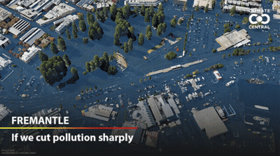 An Aerial View Of A Flooded City With The Words " If We Cut Pollution Sharply " At The Bottom GIF