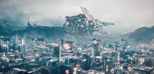 An Aerial View Of A Futuristic City With A Large Ship In The Background GIF