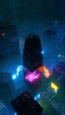 An Aerial View Of A Futuristic City With Neon Lights And A Sign That Says ' A ' On It GIF
