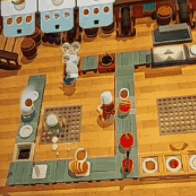An Aerial View Of A Kitchen In A Video Game With A Conveyor Belt . GIF