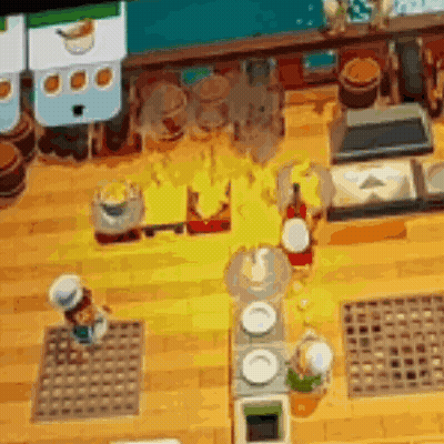 An Aerial View Of A Kitchen In A Video Game With Plates , Bottles , And A Fire . GIF